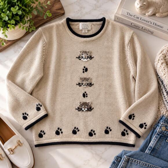 Christopher & Banks Sweaters - Vintage Christopher & Banks Cat Sweater M Embroidered Paw Print 90s Grandmacore
